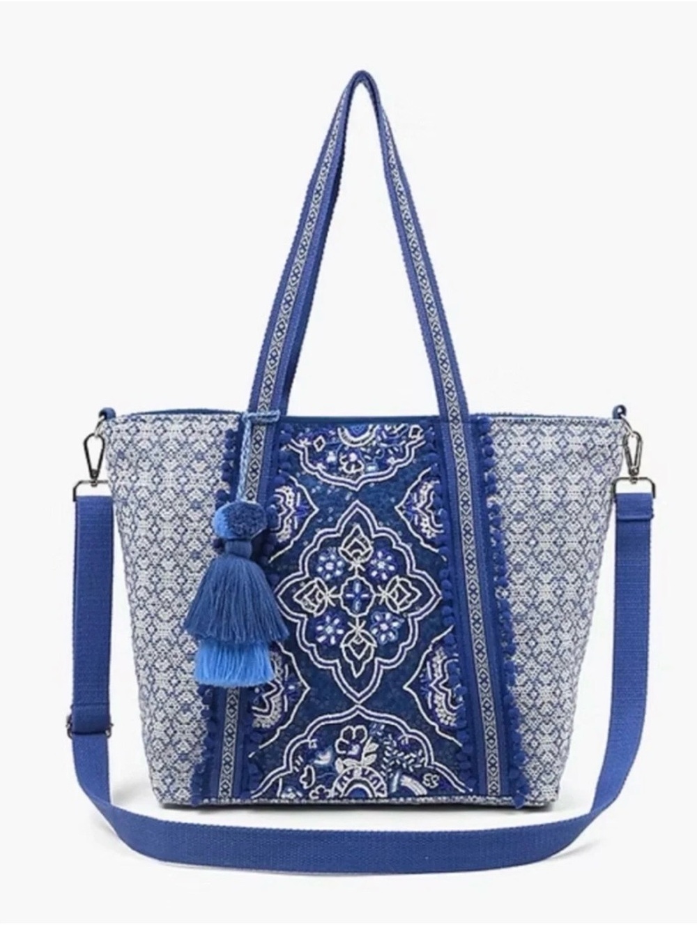 America & Beyond Blue Boho Patterned Tote Bag with Tassel and pouch wristlet